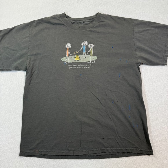 Funny Graphic T-Shirt Men Medium Gray Campfire Stick Figure Wiener Joke Tee - Picture 1 of 9
